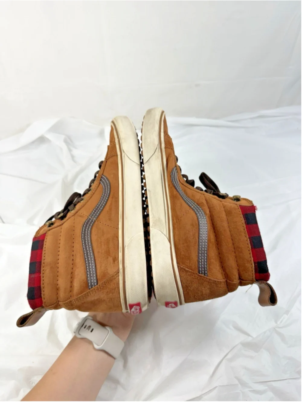 VANS SK8-Hi MTE Sneaker Boots Brown Suede Red Plaid Flannel Lined Mens Sz 10